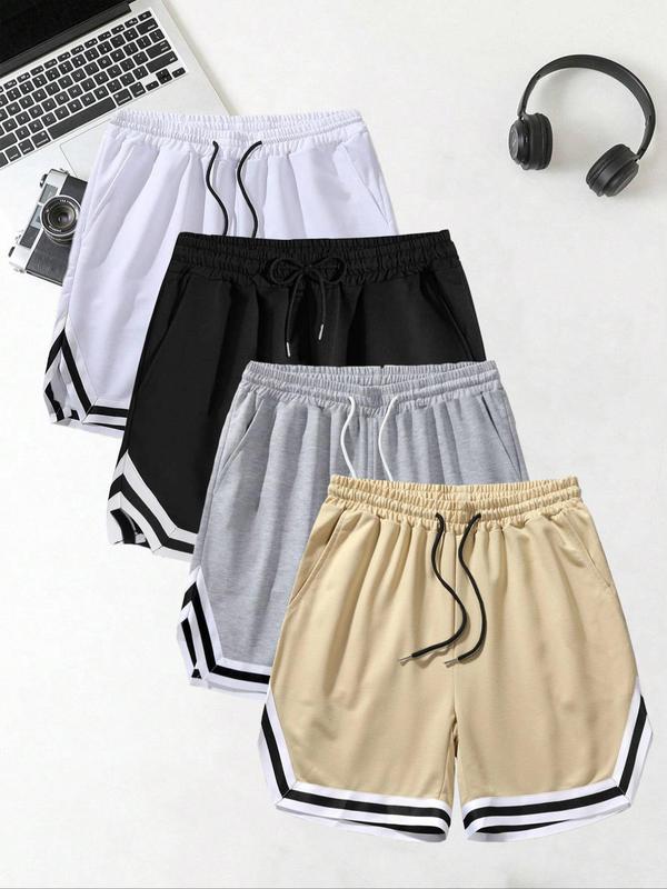 Men's 4pcs Contrast Binding Drawstring Waist Shorts, Casual Loose Streetwear Pocket Track Shorts for Summer, Knitting Bottoms for Men