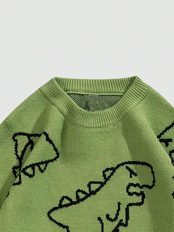 Men's Dinosaur Pattern  Drop Shoulder Sweater, Casual Regular Fit Long Sleeve Round Neck Jumper for Fall & Winter, Fashion Men's Knitwear for Daily Wear