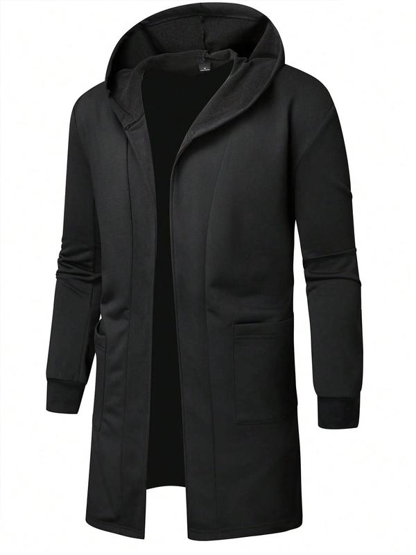 Men's Solid Pocket Hooded Coat, Casual Long Sleeve Open Front Outerwear for Fall & Winter, Men's Clothes for Daily Wear