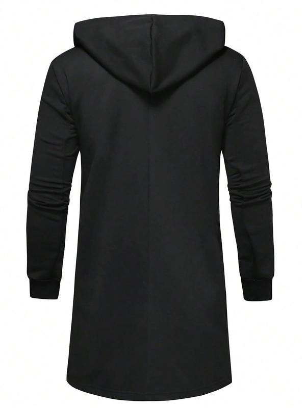 Men's Solid Pocket Hooded Coat, Casual Long Sleeve Open Front Outerwear for Fall & Winter, Men's Clothes for Daily Wear