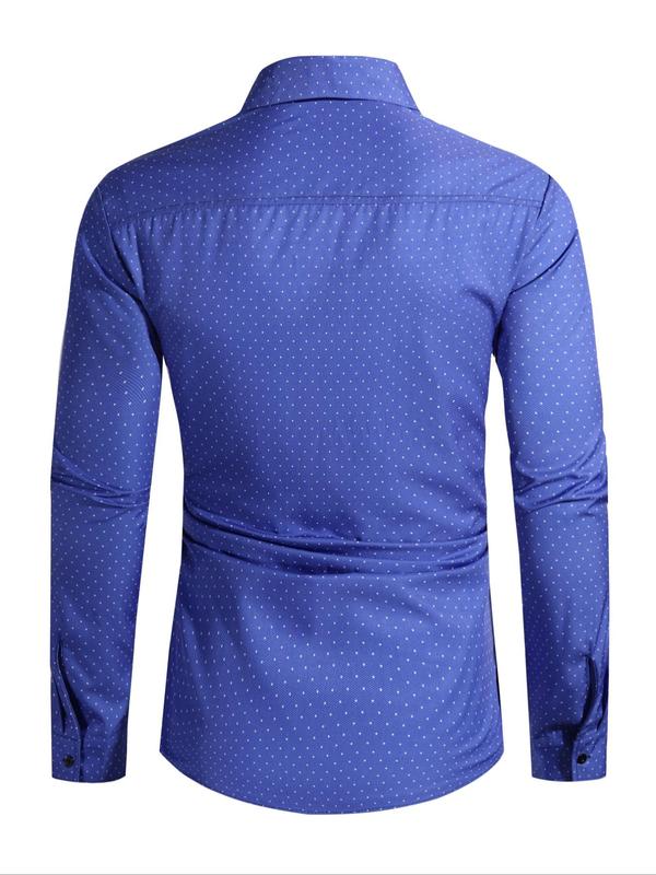 Men's Regular Fit Polka Dot Print Button Front Shirt, Long Sleeve Collared Button Up Top For All Seasons, Men's Clothes For Casual Daily Wear