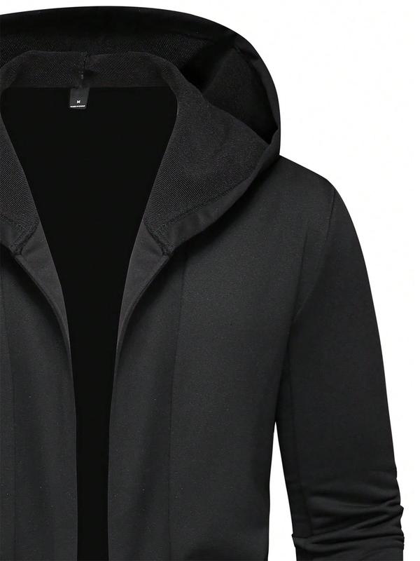 Men's Solid Pocket Hooded Coat, Casual Long Sleeve Open Front Outerwear for Fall & Winter, Men's Clothes for Daily Wear