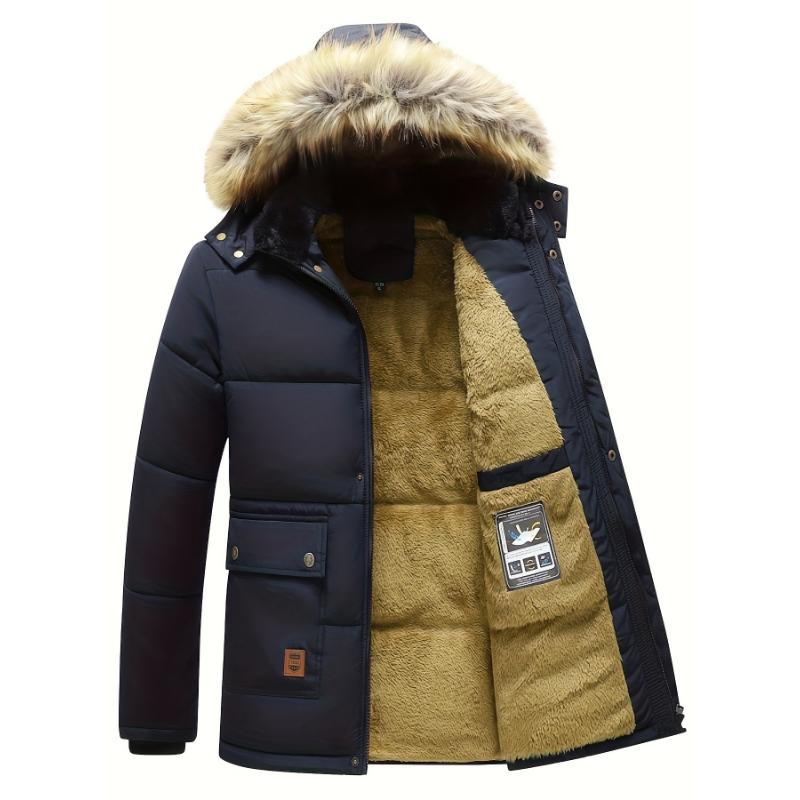 Men's Zippered Thick Plush Lined Jacket With Removable Hood For Warm And Casual Outdoor Wear In Winter