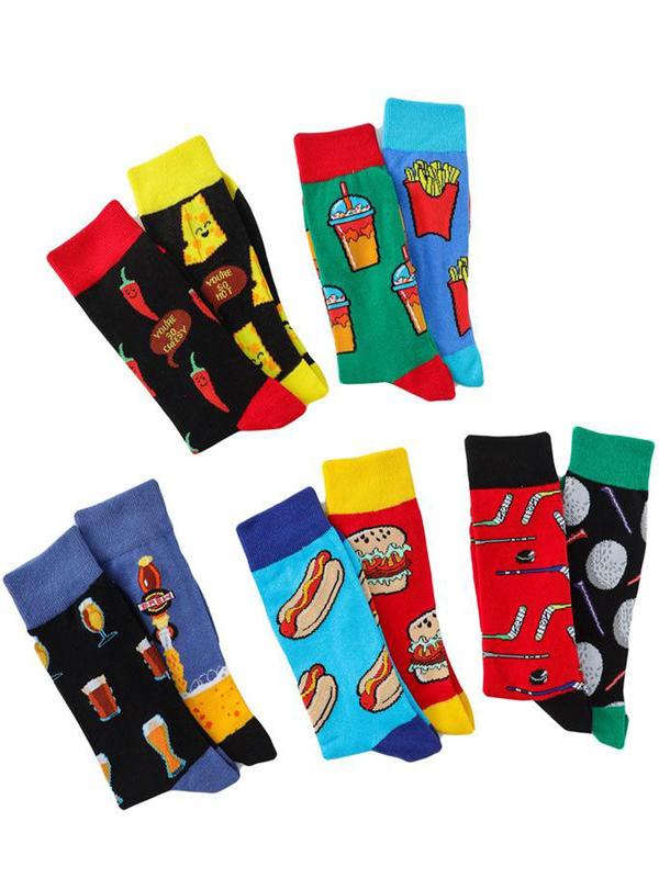 Men's 5 Pairs Cartoon Food Print Crew Socks, Colorblock Casual Comfortable Breathable Mid-calf Socks for Daily Wear, Men's Socks for All Seasons, Stocking Stuffers