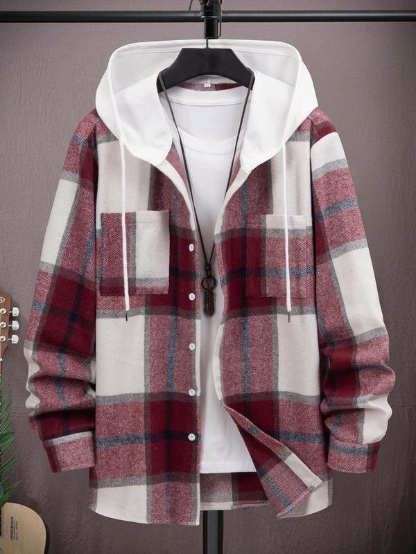 Men's Plaid Print Button Front Drawstring Hooded Jacket, Regular Fit Casual Long Sleeve Pocket Outerwear for Fall & Winter, Men's Clothes for Daily Wear Winter Jacket