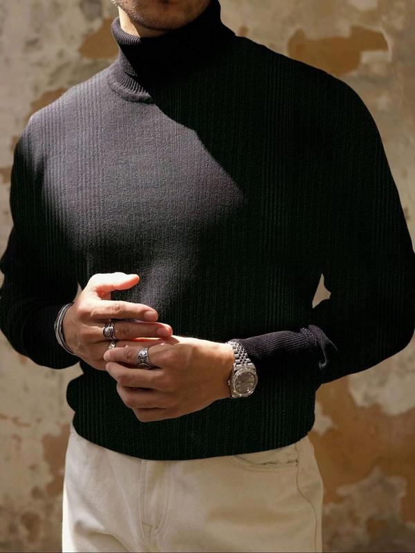 Men's Solid Turtle Neck Ribbed Knit Sweater, Regular Fit Casual Long Sleeve Pullover Jumper for Fall & Winter, Men's Knitwear for Daily Wear