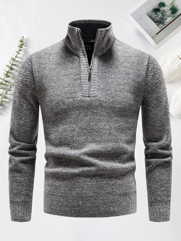 Men's Regular Fit Solid Stand Collar Pullover, Casual Long Sleeve Jumper for Fall & Winter, Men's Knitwear for Daily Wear