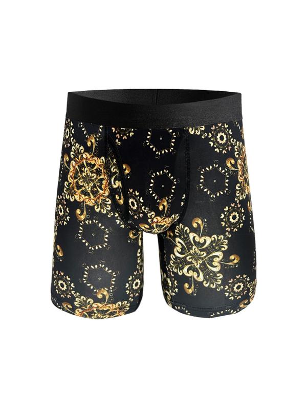 Men's Baroque Print Tape Boxer Brief, Casual Comfy Breathable Floral Print Boxer Brief, Underwear for All Seasons