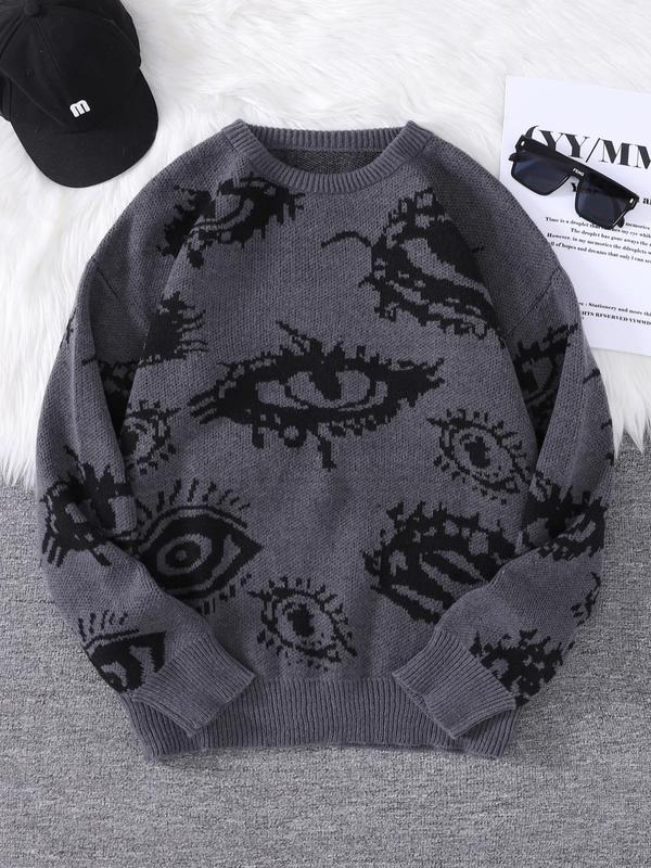 Men's All Over Eye Print Drop Shoulder Y2K Sweater, Fall Sweaters, Regular Fit Casual Comfy Long Sleeve Round Neck Jumper, Men's Fall Knitwear for Daily Wear Tops