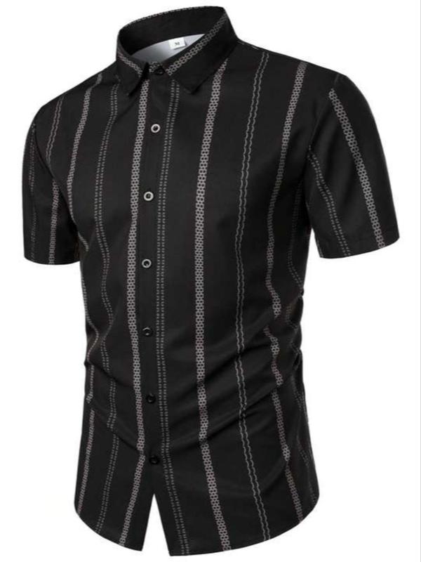 Men's Striped Print Button Front Shirt, Summer Clothes Regular Fit Casual Short Sleeve Collared Top For Summer, Men's Clothes For Daily Wear