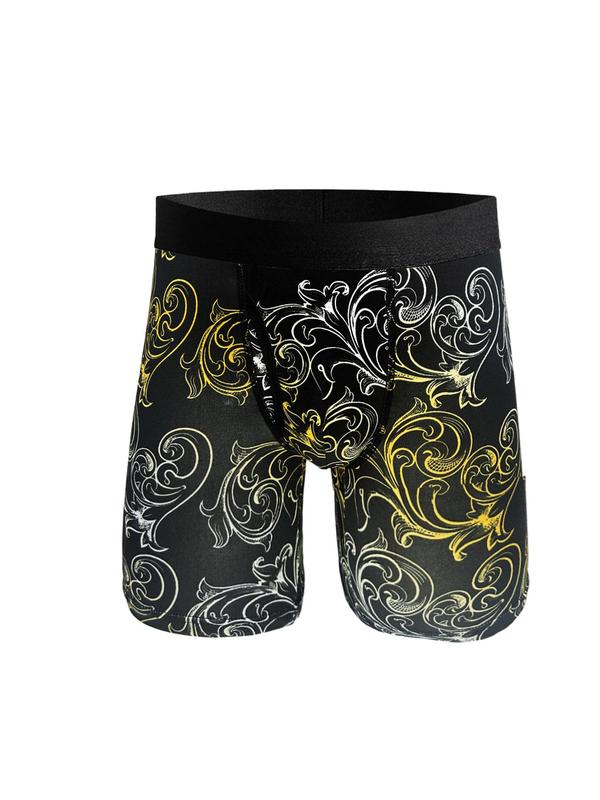 Men's Baroque Print Tape Boxer Brief, Casual Comfy Breathable Floral Print Boxer Brief, Underwear for All Seasons