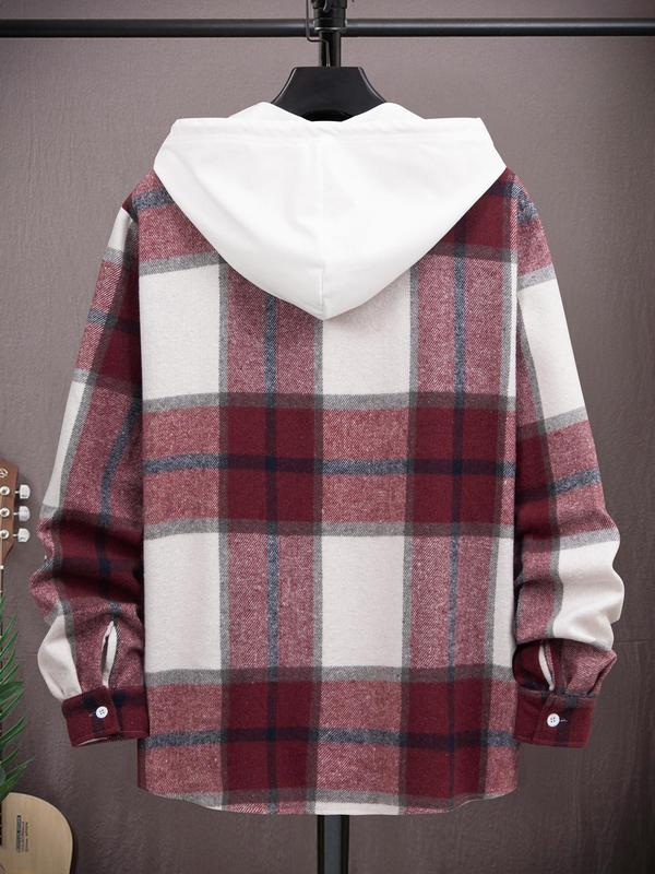 Men's Plaid Print Button Front Drawstring Hooded Jacket, Regular Fit Casual Long Sleeve Pocket Outerwear for Fall & Winter, Men's Clothes for Daily Wear Winter Jacket