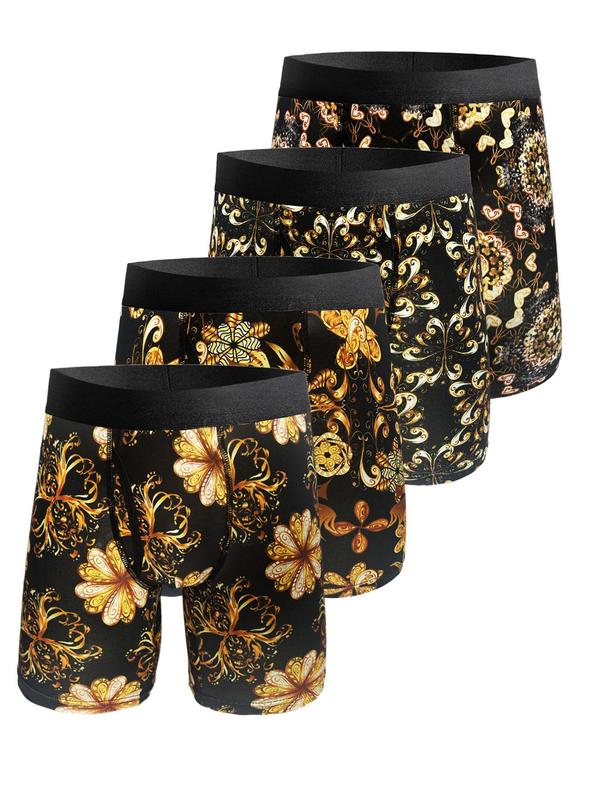 Men's Baroque Print Tape Boxer Brief, Casual Comfy Breathable Floral Print Boxer Brief, Underwear for All Seasons