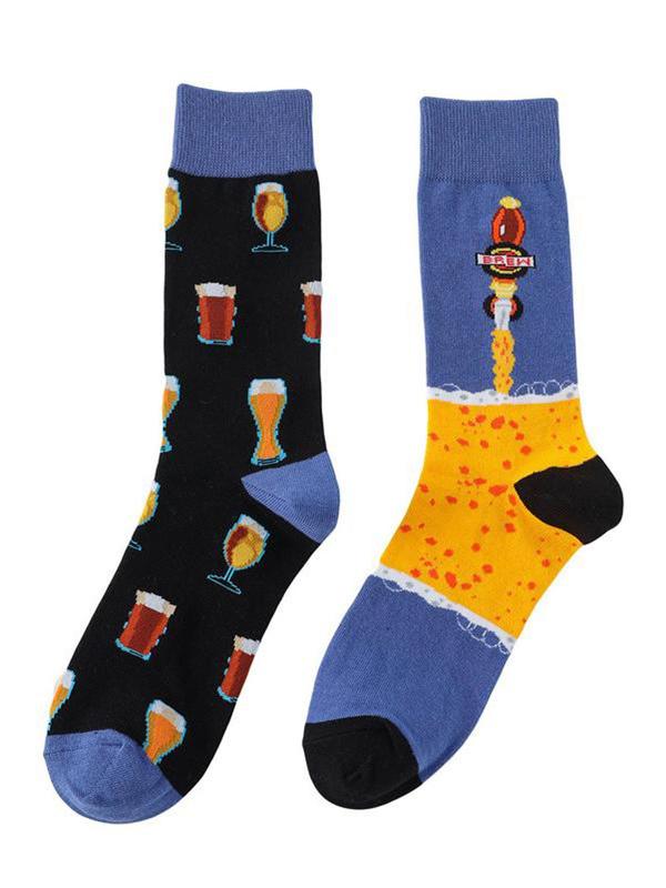 Men's 5 Pairs Cartoon Food Print Crew Socks, Colorblock Casual Comfortable Breathable Mid-calf Socks for Daily Wear, Men's Socks for All Seasons, Stocking Stuffers