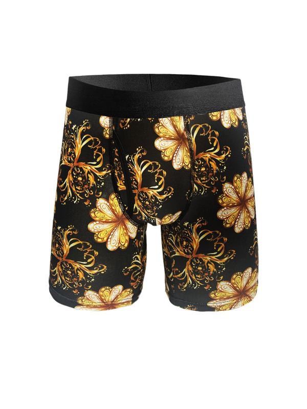 Men's Baroque Print Tape Boxer Brief, Casual Comfy Breathable Floral Print Boxer Brief, Underwear for All Seasons