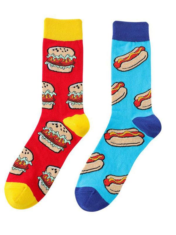 Men's 5 Pairs Cartoon Food Print Crew Socks, Colorblock Casual Comfortable Breathable Mid-calf Socks for Daily Wear, Men's Socks for All Seasons, Stocking Stuffers