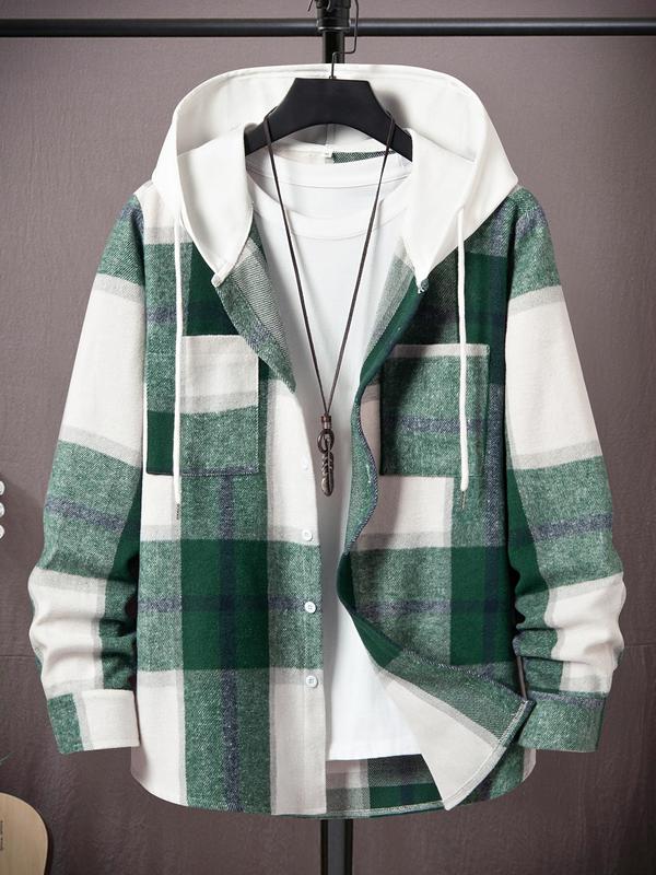 Men's Plaid Print Button Front Drawstring Hooded Jacket, Regular Fit Casual Long Sleeve Pocket Outerwear for Fall & Winter, Men's Clothes for Daily Wear Winter Jacket