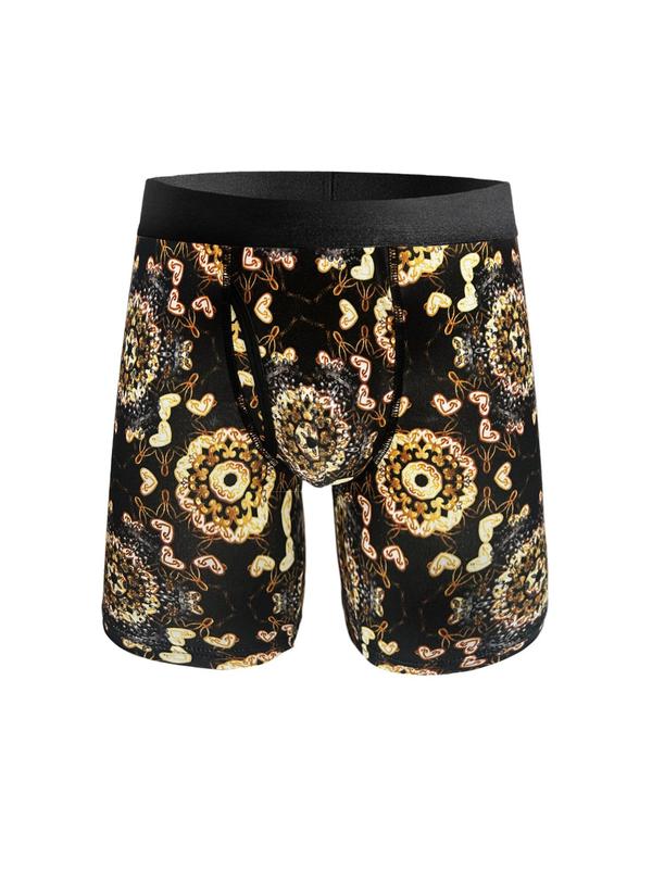 Men's Baroque Print Tape Boxer Brief, Casual Comfy Breathable Floral Print Boxer Brief, Underwear for All Seasons