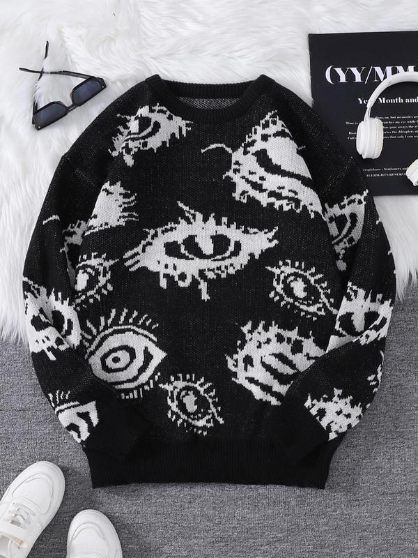 Men's All Over Eye Print Drop Shoulder Y2K Sweater, Fall Sweaters, Regular Fit Casual Comfy Long Sleeve Round Neck Jumper, Men's Fall Knitwear for Daily Wear Tops