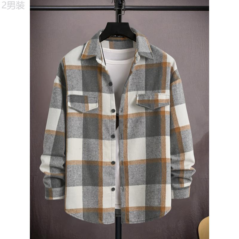 Stylish Plaid Long Sleeve Shirt for Men - Chic Button-Up Design, Retro Casual Style, Soft Fabric, Relaxed Fit, Versatile for Daily Wear - Perfect for Autumn and Winter Collar Menswear lapel shirt casual kurta