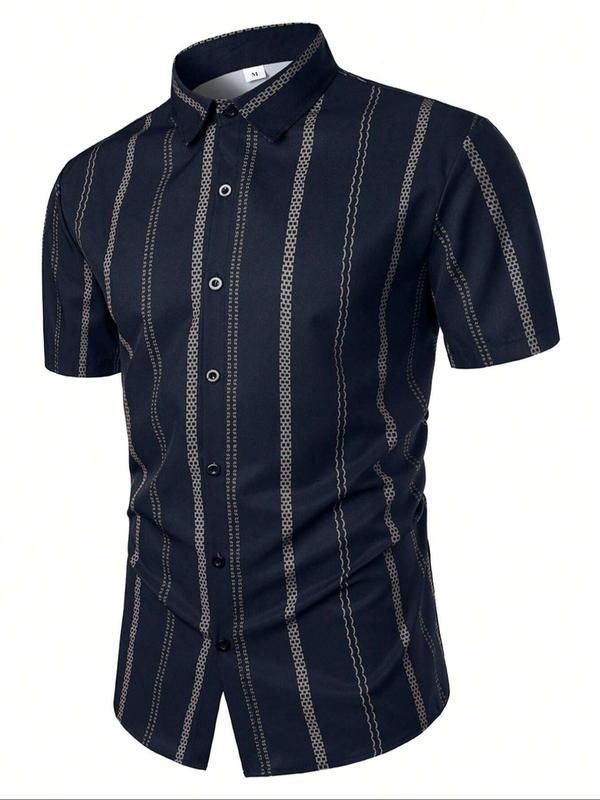 Men's Striped Print Button Front Shirt, Summer Clothes Regular Fit Casual Short Sleeve Collared Top For Summer, Men's Clothes For Daily Wear