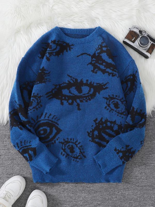 Men's All Over Eye Print Drop Shoulder Y2K Sweater, Fall Sweaters, Regular Fit Casual Comfy Long Sleeve Round Neck Jumper, Men's Fall Knitwear for Daily Wear Tops