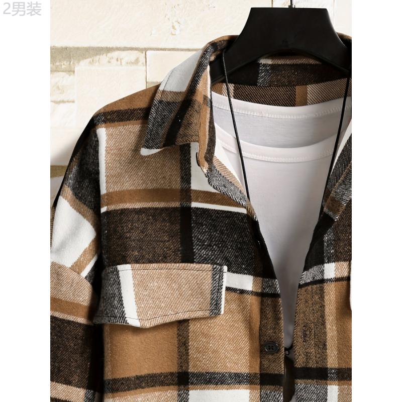 Stylish Plaid Long Sleeve Shirt for Men - Chic Button-Up Design, Retro Casual Style, Soft Fabric, Relaxed Fit, Versatile for Daily Wear - Perfect for Autumn and Winter Collar Menswear lapel shirt casual kurta