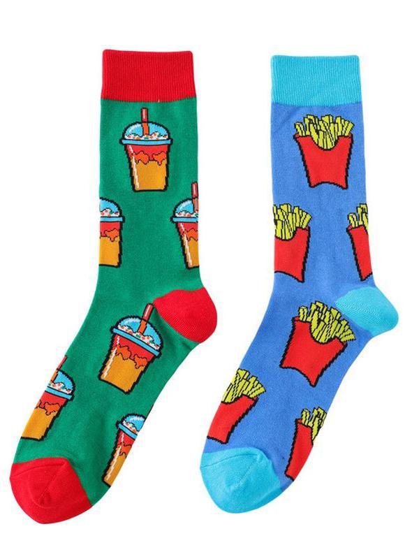 Men's 5 Pairs Cartoon Food Print Crew Socks, Colorblock Casual Comfortable Breathable Mid-calf Socks for Daily Wear, Men's Socks for All Seasons, Stocking Stuffers