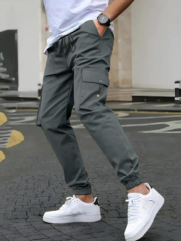 Men's Regular Fit Solid Flap Pocket Drawstring Waist Cargo Pants, Street Fashion Casual Jogger Pants for Daily Wear, Fashion Men's Bottoms for Summer