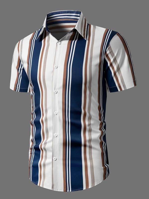 Men's Striped Print Button Front Shirt, Summer Clothes, Regular Fit Casual Fashion Short Sleeve Collared Shirt, Men Top for Summer