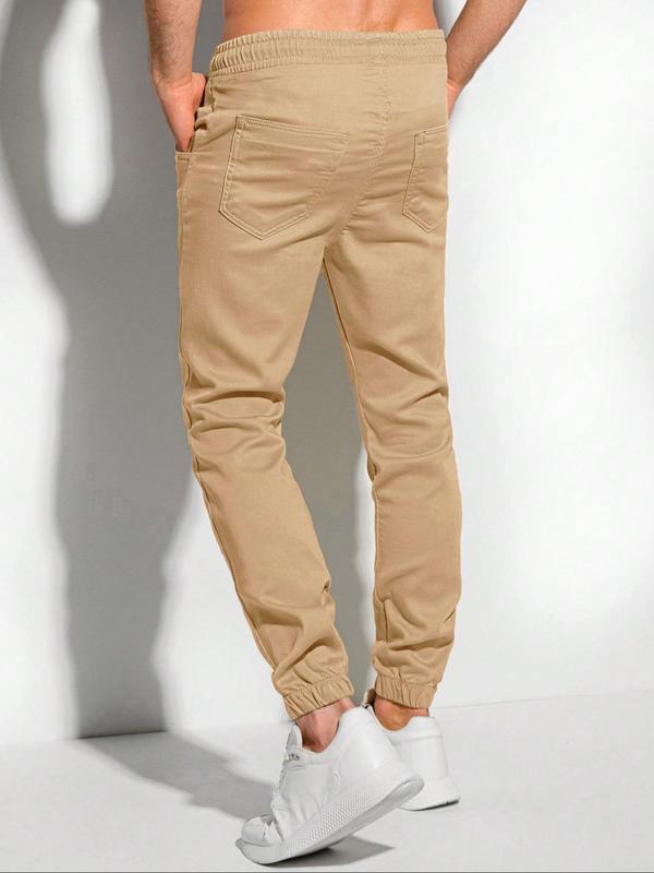 Men's Slim Solid Pocket Drawstring Waist Pants, Casual Comfy Straight Leg Trousers for Daily Wear, Pants for Men, Woven Bottoms for All Seasons