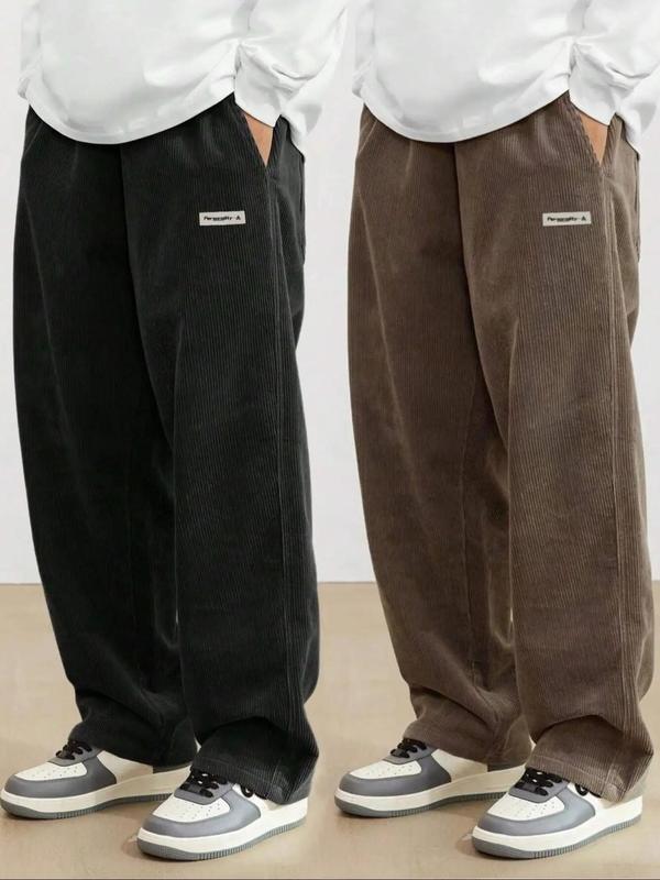  Solid Color Patched Pocket Corduroy Pants, Casual Comfy Elastic Waist Trousers for Men, Men's Bottoms for Fall & Winter