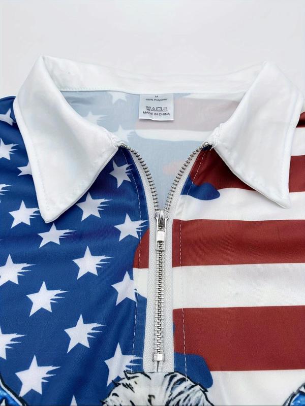 Men's Flag & Eagle Print Half Zip Polo Shirt, Regular Fit Casual Short Sleeve Collared Top, Men's Clothes for Daily Wear