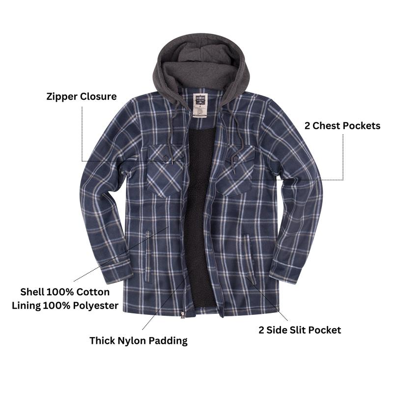 Mens Flannel Jacket Fleece Zip Up With Hood Big and Tall Hoodie Plaid