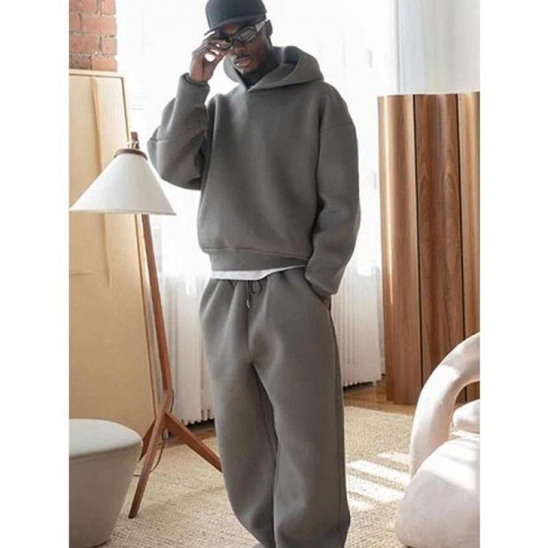 Casual Sportwear Men's Two-piece Set Fashion Solid Oversize Loose Hoodie and Drawstring Pocket High Street Straight Pants Suit