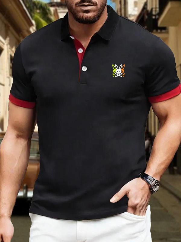 Men's Regular Fit Rabbit Print Contrast Binding Polo Shirt, Casual Short Sleeve Button Front Top for Summer, Fashion Men's Clothes for Daily Wear