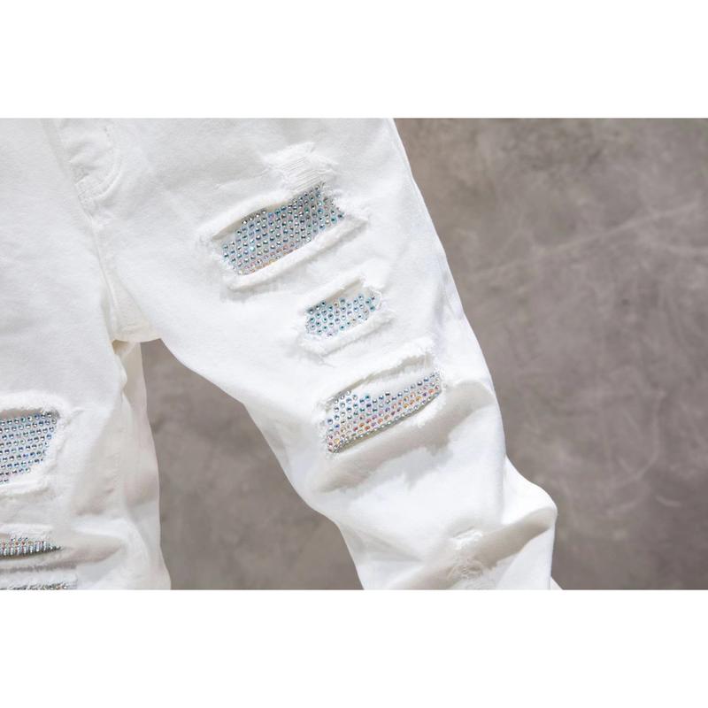 Men's rhinestone patch stretch slim white small feet stretch waist loose jeans men's style Men's Fashion Ripped Stretch Jeans