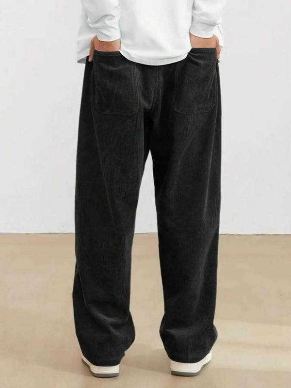  Solid Color Patched Pocket Corduroy Pants, Casual Comfy Elastic Waist Trousers for Men, Men's Bottoms for Fall & Winter