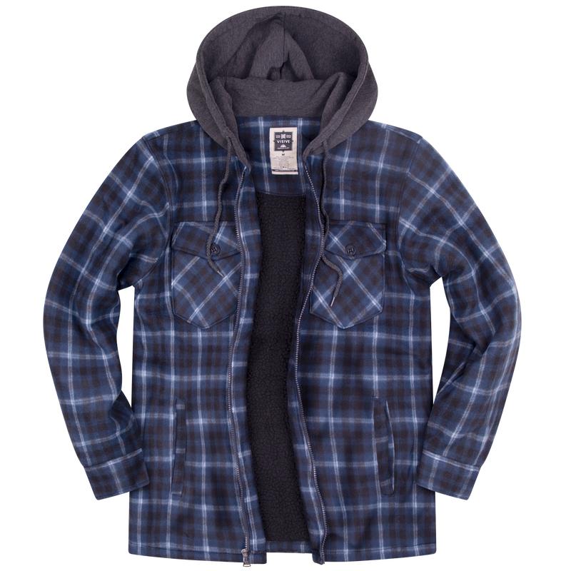 Mens Flannel Jacket Fleece Zip Up With Hood Big and Tall Hoodie Plaid