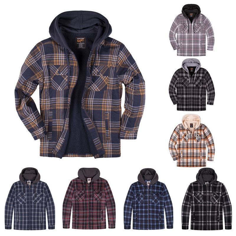 Mens Flannel Jacket Fleece Zip Up With Hood Big and Tall Hoodie Plaid