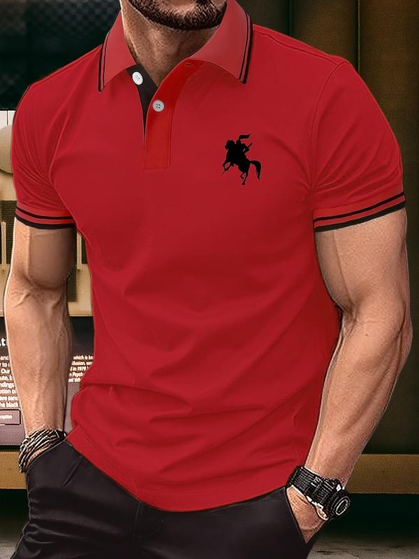 Men's Figure Print Contrast Binding Polo Shirt, Regular Fit Casual Short Sleeve Button Front Top for Summer, Fashion Men's Clothes for Daily Wear