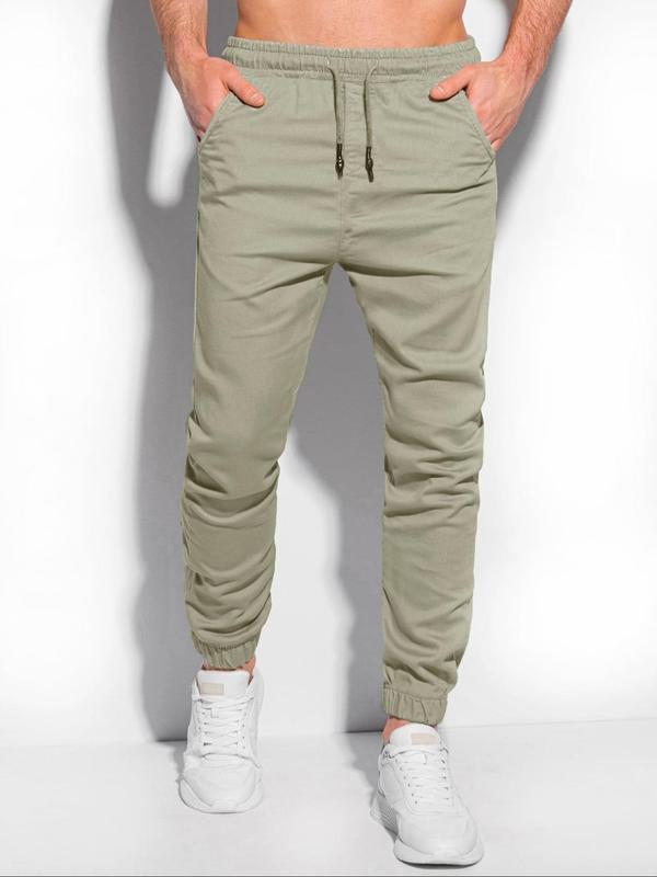 Men's Slim Solid Pocket Drawstring Waist Pants, Casual Comfy Straight Leg Trousers for Daily Wear, Pants for Men, Woven Bottoms for All Seasons