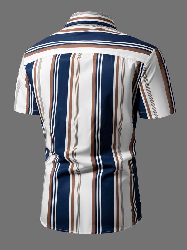 Men's Striped Print Button Front Shirt, Summer Clothes, Regular Fit Casual Fashion Short Sleeve Collared Shirt, Men Top for Summer