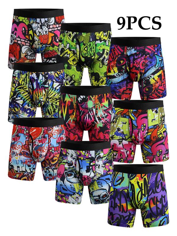 9pcs Men's Long Boxer Briefs Shorts Fashionable Graphic Print Novelty Boxer Brief Boys Underwear Breathable Comfy Quick Drying Stretchy Boxer Trunks, Sports Trunks, Swim Trunks For Beach Pool