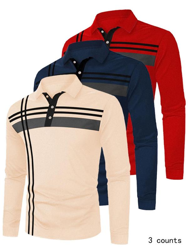 Men's Striped Print Long Sleeve Polo Shirt, Regular Fit Casual Button Front Collared Top for Spring & Fall, Men's Clothes for Daily Wear