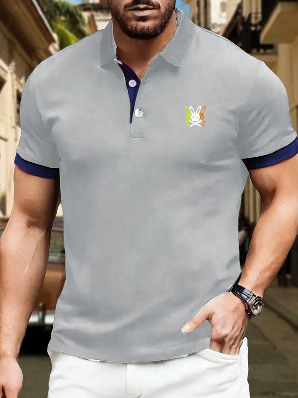 Men's Regular Fit Rabbit Print Contrast Binding Polo Shirt, Casual Short Sleeve Button Front Top for Summer, Fashion Men's Clothes for Daily Wear