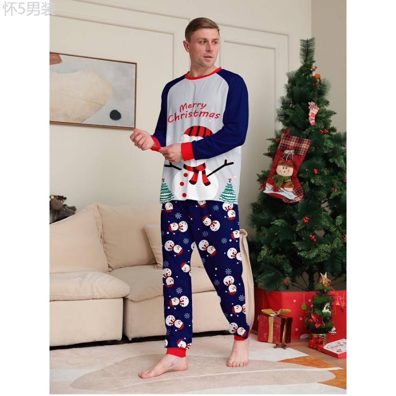 Men's Christmas Pajama Set, Blue and White Snowman Cartoon Print, Long Sleeve, Round Neck, Stretch Knit, Casual Style, All-Season, No Belt, Regular Fit, Home Wear, Festive Holiday Sleepwear Fabric Loungewear Menswear Collar Homewear Pjs Pyjamas Sweat