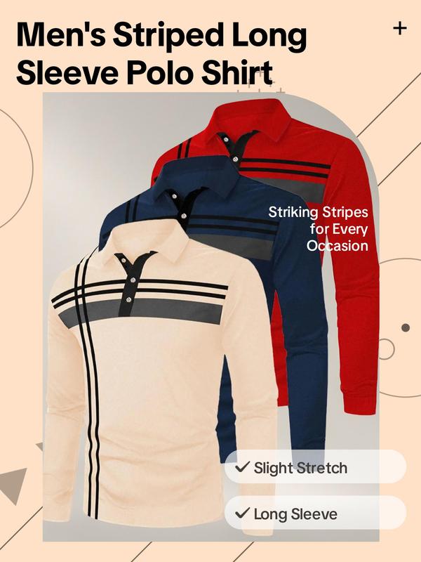 Men's Striped Print Long Sleeve Polo Shirt, Regular Fit Casual Button Front Collared Top for Spring & Fall, Men's Clothes for Daily Wear