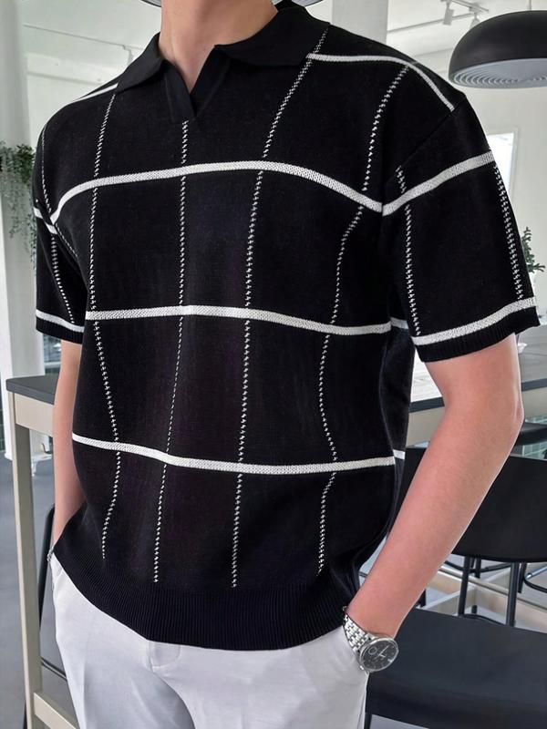 Men's Plaid Print Short Sleeve Knit Top, Regular Fit Casual Fashion Comfy Collared Knitwear for Summer, Fashion Men's Knit Clothing for Daily Wear