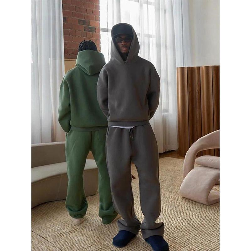 Casual Sportwear Men's Two-piece Set Fashion Solid Oversize Loose Hoodie and Drawstring Pocket High Street Straight Pants Suit